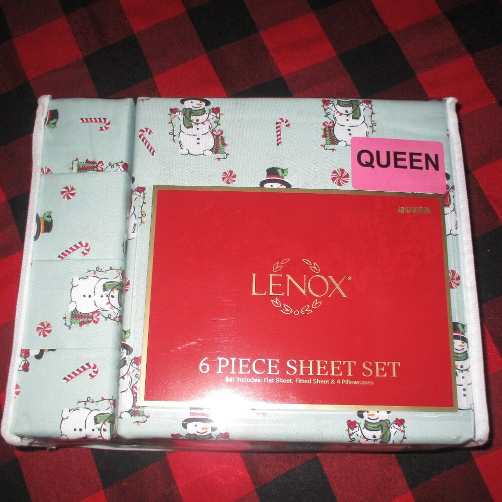 NWT QUEEN Size Sheet Set 6-pc Lenox Snowman Christmas Peppermint Candy Cane